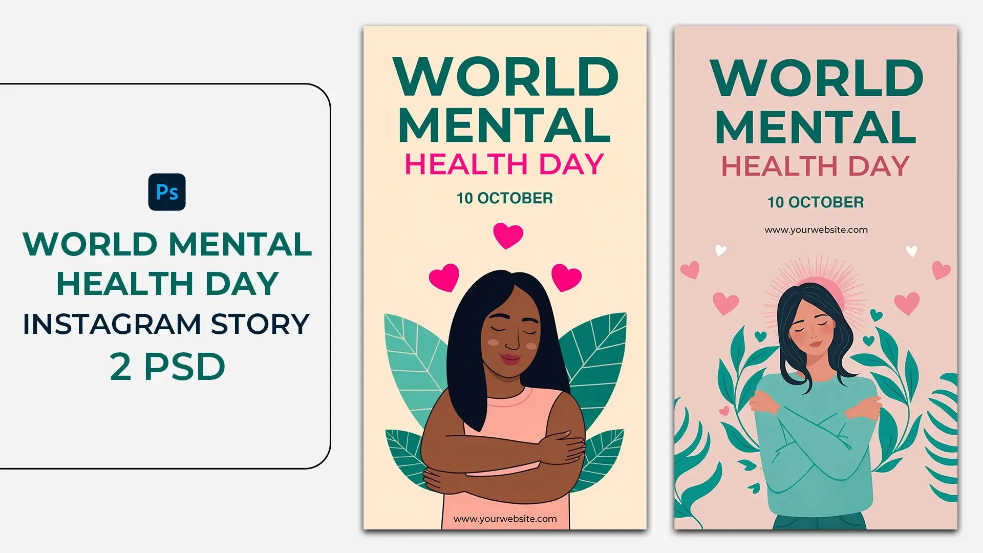 World Mental Health Day Instagram Story Design with Heart Symbols and Woman